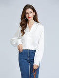 19 Momme V-Neck Long Sleeve Silk Blouse With Diamond Button