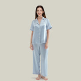 Short Sleeve Silk Pajamas Set With Piping