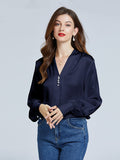 19 Momme V-Neck Long Sleeve Silk Blouse With Diamond Button