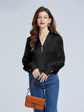 19 Momme V-Neck Long Sleeve Silk Blouse With Diamond Button