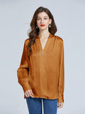 19 Momme V-Neck Long Sleeve Silk Blouse With Diamond Button