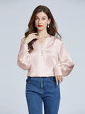 19 Momme V-Neck Long Sleeve Silk Blouse With Diamond Button