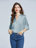 19 Momme V-Neck Long Sleeve Silk Blouse With Diamond Button