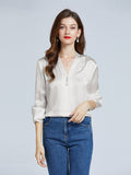 19 Momme V-Neck Long Sleeve Silk Blouse With Diamond Button